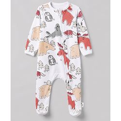 Bonfino 100% Cotton Knit Full Sleeves Front Open Zipper Sleepsuits with Walruse Penguin Polar Bear Reindeer Print Pack of 3 - White & Light Blue