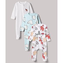 Bonfino 100% Cotton Knit Full Sleeves Front Open Zipper Sleepsuits with Walruse Penguin Polar Bear Reindeer Print Pack of 3 - White & Light Blue