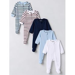 Bonfino 100% Cotton Yarn Dyed Knit Front Open Zipper Full Sleeves Solid Sleep Suits with Striped Pack of 5 - White, Navy Blue, Light Blue & Maroon
