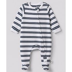 Bonfino 100% Cotton Yarn Dyed Knit Front Open Zipper Full Sleeves Striped Sleep Suits with Penguin Print Pack of 3 - White Navy Blue & Light Blue