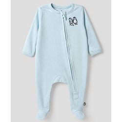 Bonfino 100% Cotton Yarn Dyed Knit Front Open Zipper Full Sleeves Striped Sleep Suits with Penguin Print Pack of 3 - White Navy Blue & Light Blue
