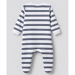 Bonfino 100% Cotton Yarn Dyed Knit Front Open Zipper Full Sleeves Striped Sleep Suits with Penguin Print Pack of 3 - White Navy Blue & Light Blue