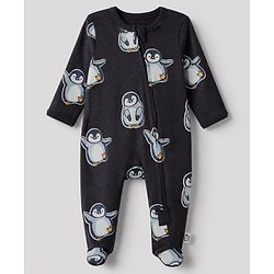 Bonfino 100% Cotton Yarn Dyed Knit Front Open Zipper Full Sleeves Striped Sleep Suits with Penguin Print Pack of 3 - White Navy Blue & Light Blue