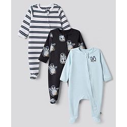 Bonfino 100% Cotton Yarn Dyed Knit Front Open Zipper Full Sleeves Striped Sleep Suits with Penguin Print Pack of 3 - White Navy Blue & Light Blue