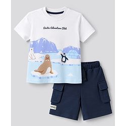 Bonfino 100% Cotton Knit Half Sleeves Oversized T-Shirt and Shorts with Landscape Print in White