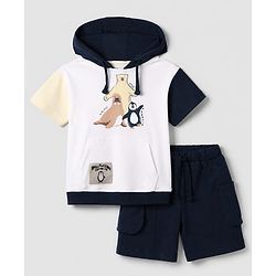 Bonfino 100% Cotton Knit Half Sleeves T-Shirt and Cargo Shorts Set with Bear Print in Black