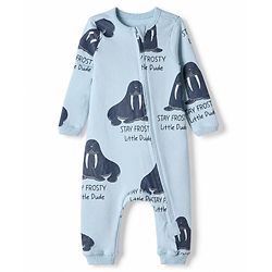 Bonfino 100% Cotton Knit Romper, Cap and Bib with Full Sleeves and Walrus Print - Light Blue