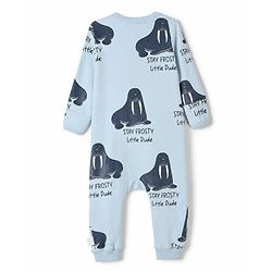 Bonfino 100% Cotton Knit Romper, Cap and Bib with Full Sleeves and Walrus Print - Light Blue