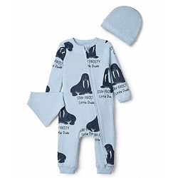 Bonfino 100% Cotton Knit Romper, Cap and Bib with Full Sleeves and Walrus Print - Light Blue