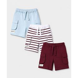 Bonfino 100% Cotton Knit Above Knee Length Cargo Shorts with Elasticated Pull Ons and Buddies Patch Pack of 3 in Maroon White