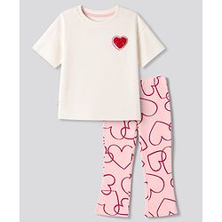 Bonfino 100% Cotton Knit Heart Printed Half Sleeves Oversized T-shirt & Pant Set- White & Light Pink