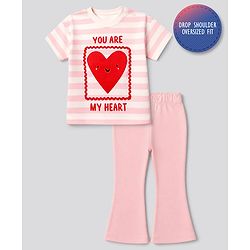 Bonfino 100% Cotton Knit Half Sleeves Oversized T-shirt & Pyjama Set With You Are My Heart Text Print - White & Light Pink