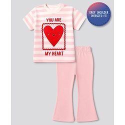 Bonfino 100% Cotton Knit Half Sleeves Oversized T-shirt & Pyjama Set With You Are My Heart Text Print - White & Light Pink