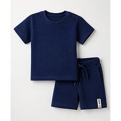 Bonfino 100% Cotton Waffle Knit Structure Fabric Oversized T-Shirt and Shorts Set - Navy Blue