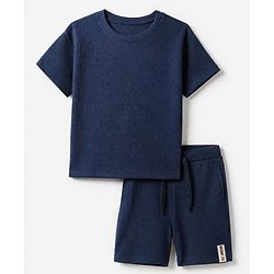 Bonfino 100% Cotton Waffle Knit Structure Fabric Oversized T-Shirt and Shorts Set - Navy Blue