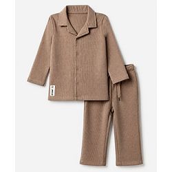 Bonfino Boys 100% Cotton Waffle Structure Fabric Solids Full Sleeves Front Open Shirt and Straight Pyjama Night Suit - Brown