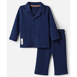 Bonfino 100% Cotton Waffle Knit Structure Fabric Solids Full Sleeves Front Open Shirt and Straight Pyjama Set - Navy Blue