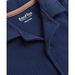 Bonfino 100% Cotton Waffle Knit Structure Fabric Solids Full Sleeves Front Open Shirt and Straight Pyjama Set - Navy Blue