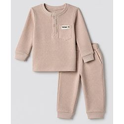 Bonfino 100% Cotton Waffle Structure Fabric Knit Solid Full Sleeves Henley Co-ord T-Shirt and Pajama Night Suit with Diggin It Patch - Beige
