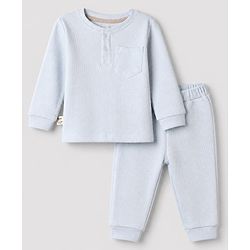 Bonfino 100% Cotton Waffle Structure Fabric Knit Solid Full Sleeves Henley T-Shirt and Pajama Night Suit - Light Blue