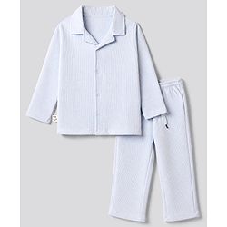 Bonfino 100% Cotton Waffle Structure Fabric Solid Knit Full Sleeves Front Open Co-ord Shirt and Straight Pajama Night Suit - Light Blue