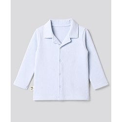Bonfino 100% Cotton Waffle Structure Fabric Solid Knit Full Sleeves Front Open Co-ord Shirt and Straight Pajama Night Suit - Light Blue