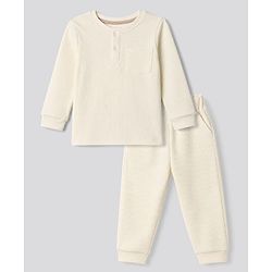 Bonfino 100% Cotton Waffle Knit Structure Fabric Solids Full Sleeves Henley T-Shirt and Solids Pyjama Set - Off White