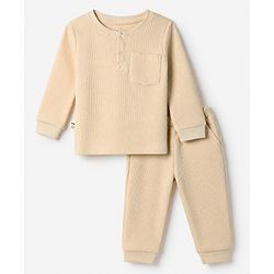 Bonfino 100% Cotton Waffle Knit Structure Fabric Solids Full Sleeves Henley T-Shirt and Solids Pyjama Night Suit Set - Beige