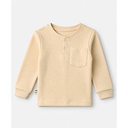 Bonfino 100% Cotton Waffle Knit Structure Fabric Solids Full Sleeves Henley T-Shirt and Solids Pyjama Night Suit Set - Beige