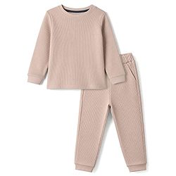 Bonfino 100% Cotton Waffle Knit Structure Fabric Solids Full Sleeves Crew Neck T-Shirt and Solids Pyjama Set - Beige