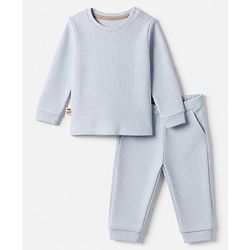 Bonfino 100% Cotton Waffle Knit Structure Fabric Solids Full Sleeves Crew Neck T-Shirt and Solids Pyjama Set - Light Blue
