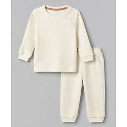 Bonfino Boys 100% Cotton Waffle Structure Fabric Knit Solid Full Sleeves Crew Neck Co-ord T-Shirt and Pajama Night Suit - Off White