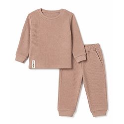 Bonfino 100% Cotton Waffle Structure Fabric Knit Solid Full Sleeves Crew Neck Co-ord T-Shirt and Pajama Night Suit with Diggin It Patch - Brown