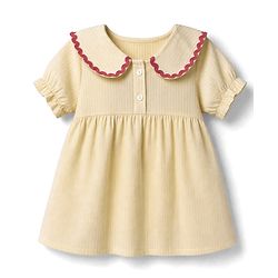Bonfino Cotton Woven Half Sleeves Peter Pan Collar Striped Frock Style Top - Yellow