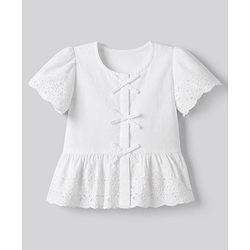 Bonfino 100% Cotton Woven Schiffli Peplum Top with Half Sleeves and Eyelet Embroidery & Bows - White