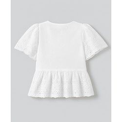 Bonfino 100% Cotton Woven Schiffli Peplum Top with Half Sleeves and Eyelet Embroidery & Bows - White
