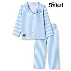 Bonfino Disney 100% Cotton Single Jersey Knit Front Open Half Sleeves Shirt & Pajama Night Suit with Stitch Graphic Print - Light Blue