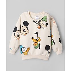 Bonfino Disney 100% Cotton Fleece Knit Full Sleeves Sweatshirt and Jogger with Mickey Mouse & Friends Characters Print - Off White