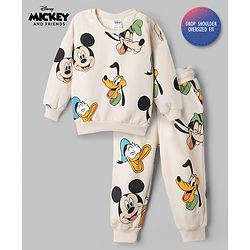 Bonfino Disney 100% Cotton Fleece Knit Full Sleeves Sweatshirt and Jogger with Mickey Mouse & Friends Characters Print - Off White