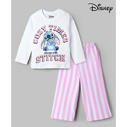 Bonfino Disney Single Jersey Knit Full Sleeves T-Shirt & Striped Pyjama Night Suit with Stitch Graphics - White