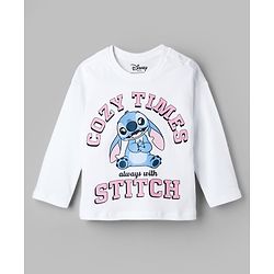 Bonfino Disney Single Jersey Knit Full Sleeves T-Shirt & Striped Pyjama Night Suit with Stitch Graphics - White