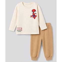 Bonfino Marvel Interlock Knit Full Sleeves T-Shirt & Pyjama Night Suit with Spider-Man Graphics - Beige