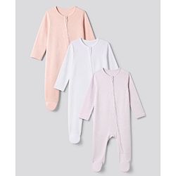 Bonfino 100% Cotton Pointelle Knit Full Sleeves Solid Sleep Suits - White Peach Lavender