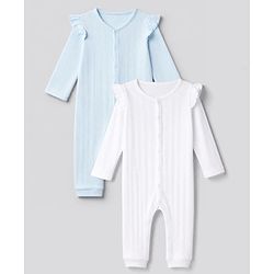 Bonfino Elastane Knit Full Sleeves Solid Sleepsuit Pack of 2 - White & Light Blue