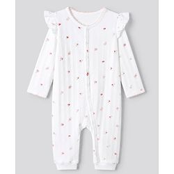 Bonfino 100% Cotton Elastane Knit Full Sleeves Floral Printed Romper - White