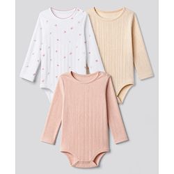 Bonfino 100% Cotton Knit Full Sleeves Floral Printed Onesies Pack of 3 - White & Pink