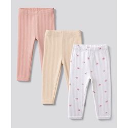 Bonfino 100% Cotton Elastane Knit Leggings With Floral Print Pack of 3 - White, Cream & Peach