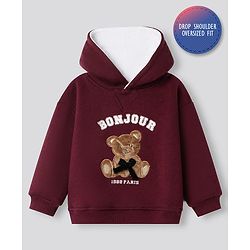 Bonfino Cotton Mix Knit Full Sleeves Drop Shoulder Hoodies with Full Sleeves and Bear Applique - Brown