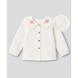 Bonfino Cotton Woven Top with Full Sleeves and Floral Embroidery in Offwhite for 9-12 Months