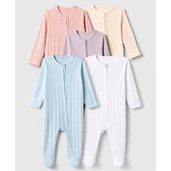 Bonfino 100% Cotton Pointelle Knit Full Sleeves Solid Sleep Suits Pack of 5 - Light Blue Lavender Pink White Cream